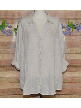 Sigrid Olsen 100% Linen Tan Button Down Tunic Top Size 2X Closet Staple Coastal